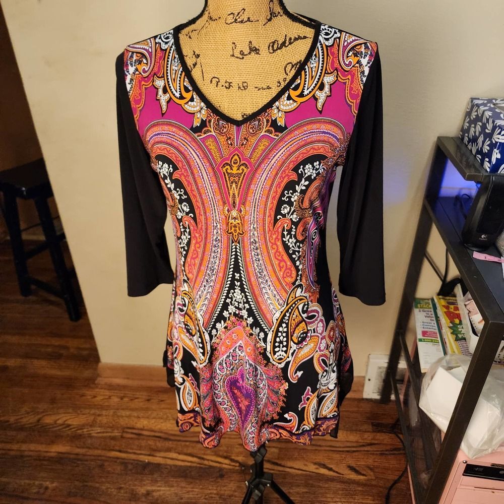 Peter Nygard Paisley Tunic Top Black Pink Orange Sharkbite Handkerchief Small